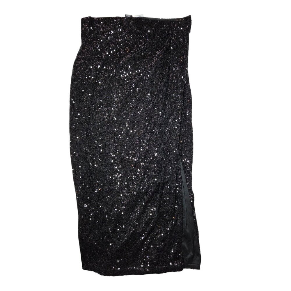 Rachel Zoe Black Sequins Maxi Skirt Ruched Side Slit Pull On M NWOT - Picture 2 of 7